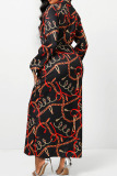 Black Casual Print Patchwork Buckle Without Belt Turndown Collar Straight Dresses