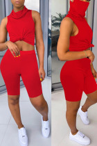 Red Casual Solid Patchwork Turtleneck Sleeveless Two Pieces