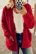 Red Casual Solid Pocket Buckle Outerwear