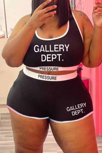 Black Street Print Patchwork Letter U Neck Plus Size Two Pieces