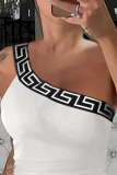White Sexy Casual Patchwork Print Patchwork Printing Contrast One Shoulder Mid Waist Tops