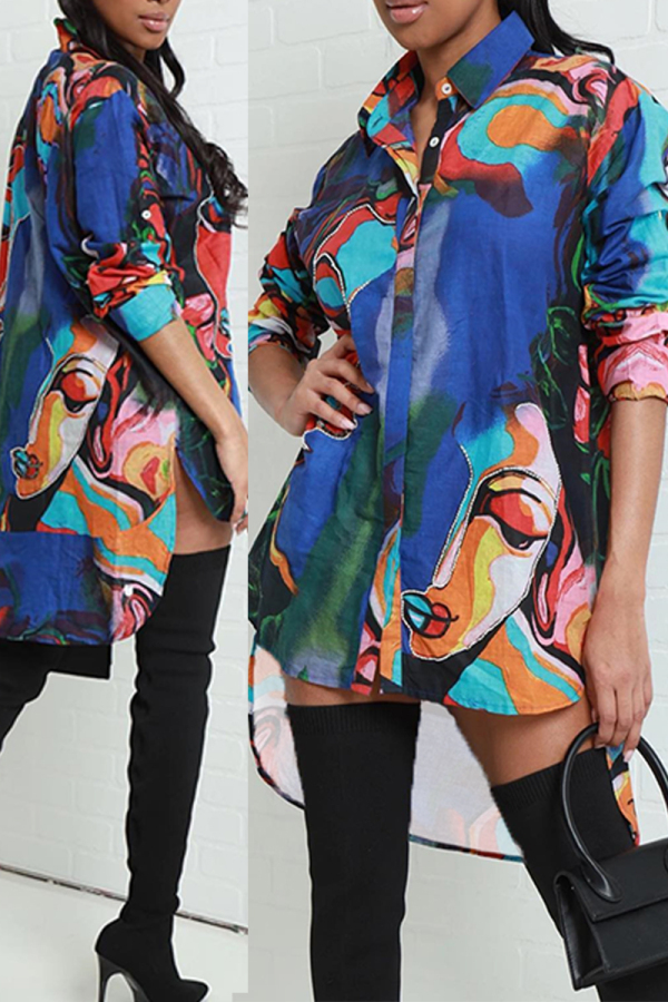 Blue Casual Mixed Printing Print Asymmetrical Printing Shirt Collar Tops