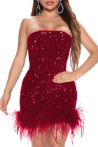 Burgundy Sexy Patchwork Sequins Backless Strapless Sleeveless Dress Dresses