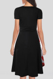 Black Casual College Solid Patchwork V Neck A Line Dresses