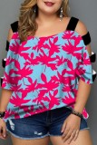 Plus Size Light Blue Casual Print Hollowed Out Patchwork O Neck T-Shirts