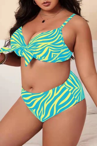 Blue Yellow Sexy Print Backless Spaghetti Strap Plus Size Swimwear (Without Belt)