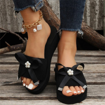Black Casual Patchwork With Bow Round Comfortable Wedges Shoes (Heel Height 1.97in)