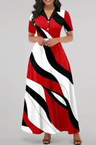 Red Black Casual Print Patchwork Buttons Turndown Collar Straight Dresses