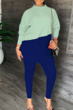 Powder Blue Casual Solid Patchwork Slit O Neck Plus Size Two Pieces