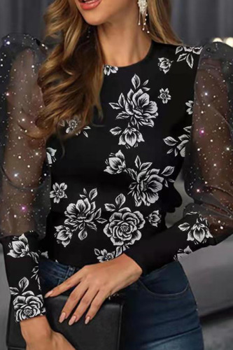 Grey Casual Print Patchwork O Neck Tops