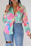 Multicolor Casual Print Patchwork Buckle Turndown Collar Tops