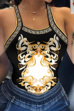 Khaki Sexy Casual Patchwork Print Bandage Backless Printing Contrast Halter Mid Waist Tops