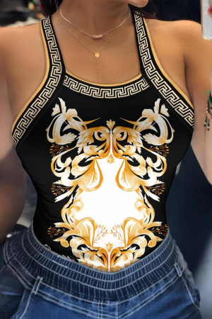 Black Sexy Casual Patchwork Print Bandage Backless Printing Contrast Halter Mid Waist Tops