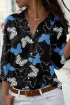 Blue Casual Butterfly Print Basic Shirt Collar Tops