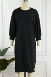 Khaki Casual Solid Basic O Neck Long Sleeve Dresses