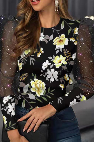 Yellow Casual Print Patchwork O Neck Tops