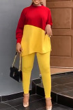 Yellow Blue Casual Solid Patchwork Slit O Neck Plus Size Two Pieces