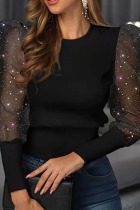 Black Casual Print Patchwork O Neck Tops