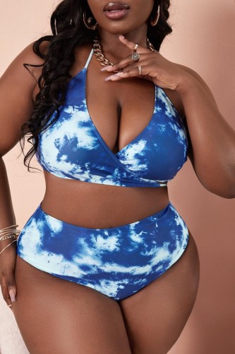 Dark Blue Sexy Print Tie Dye Bandage Backless Halter Plus Size Swimwear (Without Belt)