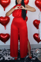 Red Sexy Casual Solid Buckle Slit O Neck Loose Jumpsuits