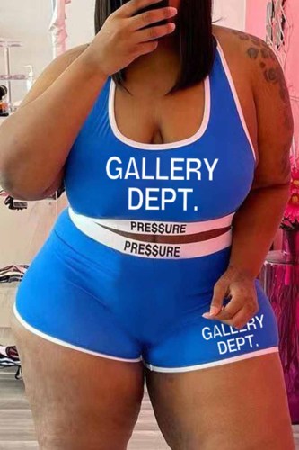 Blue Street Print Patchwork Letter U Neck Plus Size Two Pieces