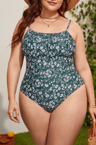 Ink Green Sexy Print Backless Spaghetti Strap Plus Size Swimwear (With Paddings)
