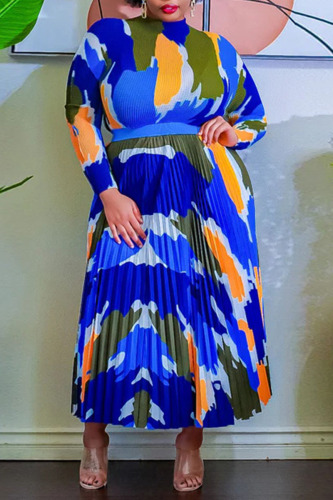 Dark Blue Elegant Print Patchwork Fold O Neck Long Sleeve Two Pieces