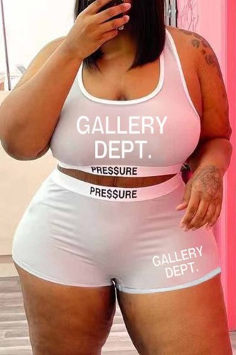 Cream White Street Print Patchwork Letter U Neck Plus Size Two Pieces