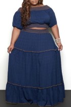 Blue Casual Solid Patchwork Off the Shoulder Plus Size Two Pieces