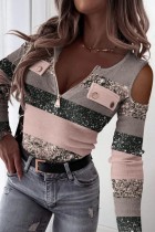 Pink Casual Print Patchwork V Neck Tops