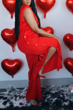 Red Sexy Casual Solid Buckle Slit O Neck Loose Jumpsuits