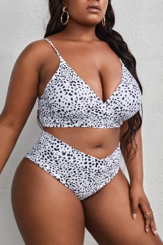 White Sexy Print Backless Plus Size Swimwear (With Paddings)