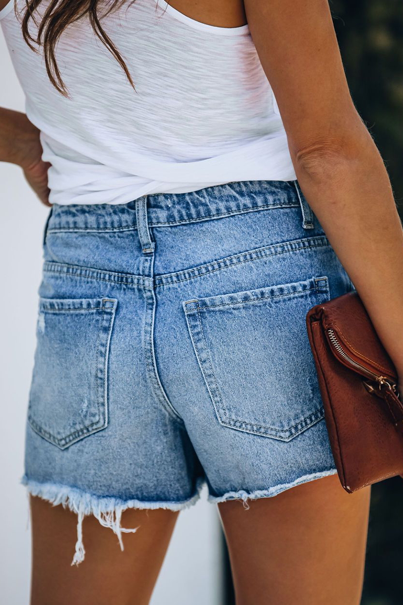 Fashion Street Patchwork Ripped Mid Waist Straight Denim Shorts(4 Colors)