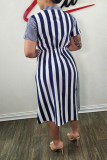 Blue Casual Striped Print Patchwork Printing V Neck Dresses