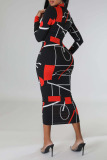 Black Red Sexy Print Patchwork Zipper Collar Pencil Skirt Dresses