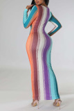 Multicolor Sexy Striped Print Patchwork U Neck One Step Skirt Dresses
