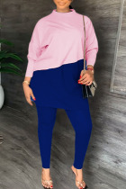 Powder Blue Casual Solid Patchwork Slit O Neck Plus Size Two Pieces