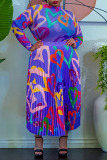 Purple Elegant Print Patchwork Fold O Neck Long Sleeve Two Pieces