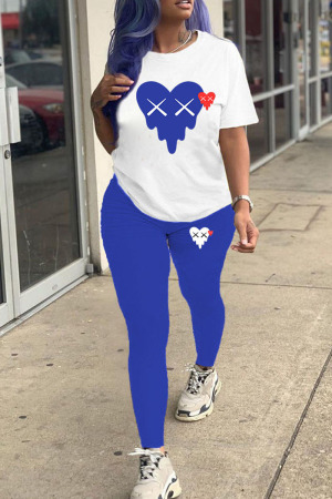 Blue Casual Print Patchwork O Neck Short Sleeve Two Pieces