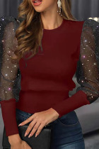 Burgundy Casual Print Patchwork O Neck Tops