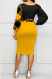 Earth Yellow Sexy Print Bandage Patchwork V Neck One Step Skirt Dresses