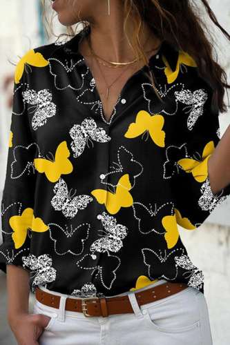 Yellow Casual Butterfly Print Basic Shirt Collar Tops