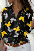 Yellow Casual Butterfly Print Basic Shirt Collar Tops