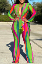 Red Green Sexy Striped Print Patchwork V Neck Straight Jumpsuits