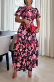 Pink Casual Sweet Print Patchwork Flounce O Neck Printed Dress Dresses