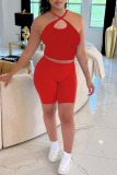 Red Sexy Solid Bandage Backless Halter Sleeveless Two Pieces