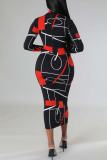 Black Sexy Print Patchwork Zipper Collar Pencil Skirt Dresses