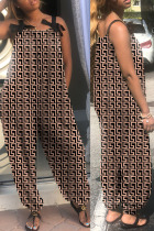 Brown Casual Street Print Patchwork Spaghetti Strap Straight Jumpsuits