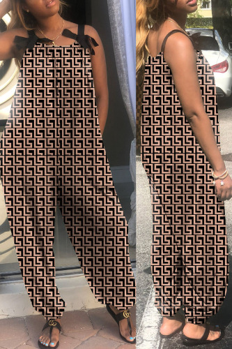 Brown Casual Street Print Patchwork Spaghetti Strap Straight Jumpsuits