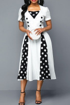 White Casual College Print Patchwork V Neck A Line Dresses